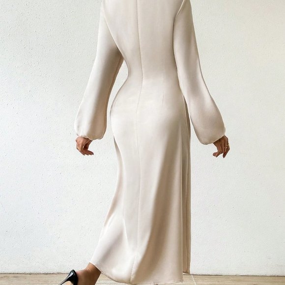 Apricot Preppy WomensWomen's Round Neck 3d Flower Decorated Lantern Sleeve Dress - Picture 2 of 5